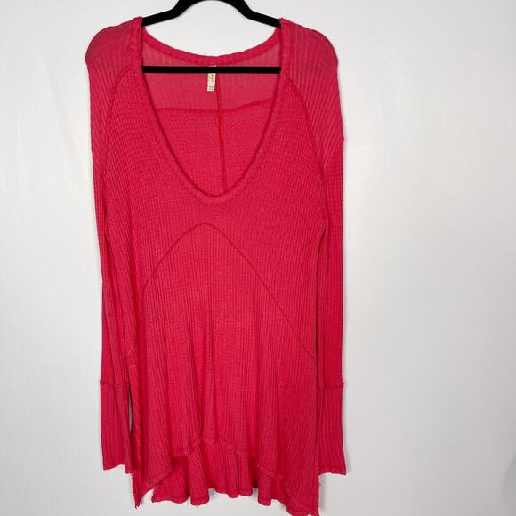 Free People Small S Red Pink Sunset Park Drippy Thermal Waffle Knit Tunic Top - Picture 1 of 14